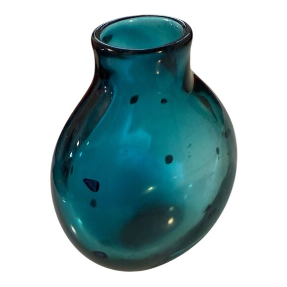 Sharon Fujimoto Art Glass Teal Blue Short Bud Vase With Iridescent Accent Signed - Picture 2 of 7